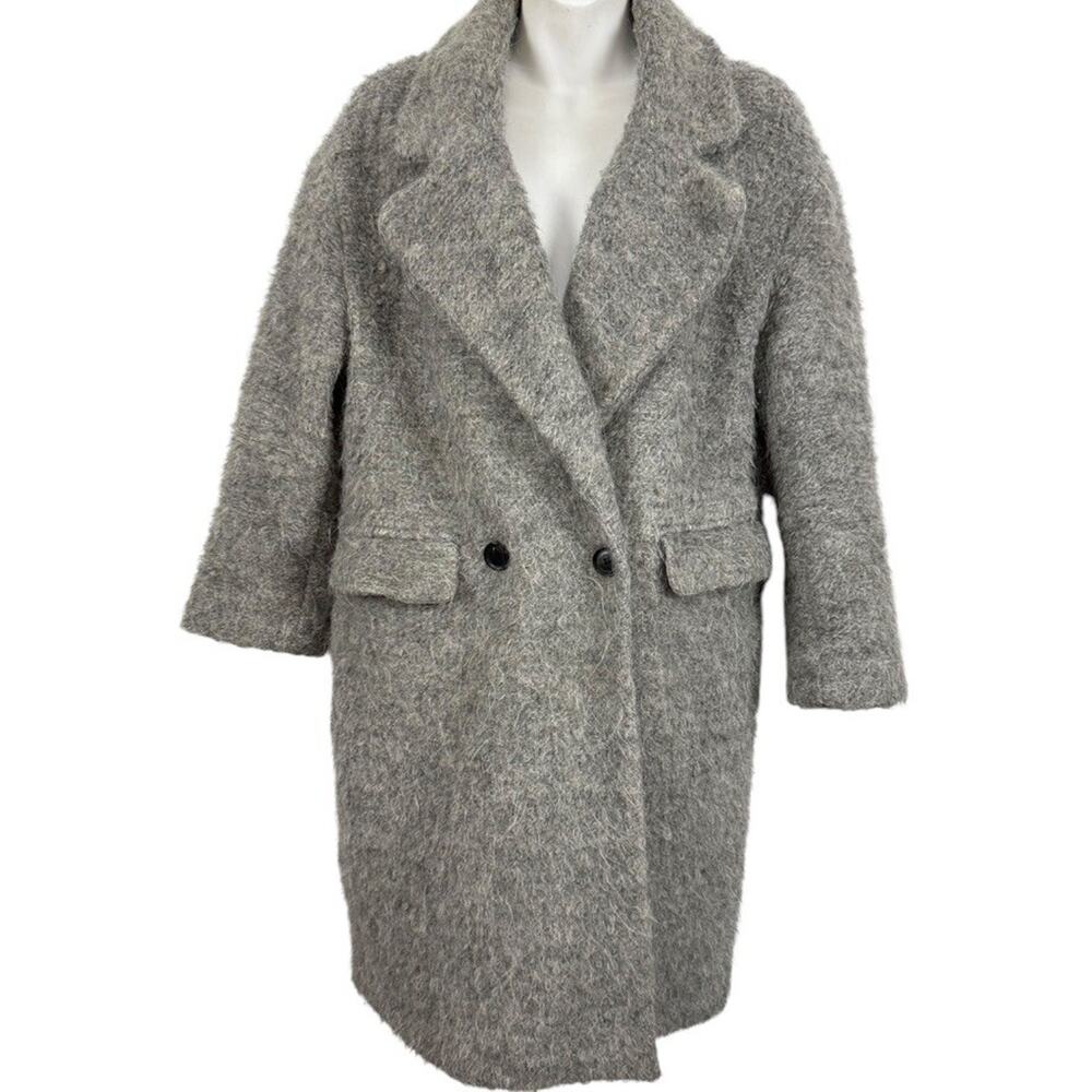 Zara Basic Outerwear Double Breasted Dressy Winter Coat Trench Gray Fuzzy Wool S